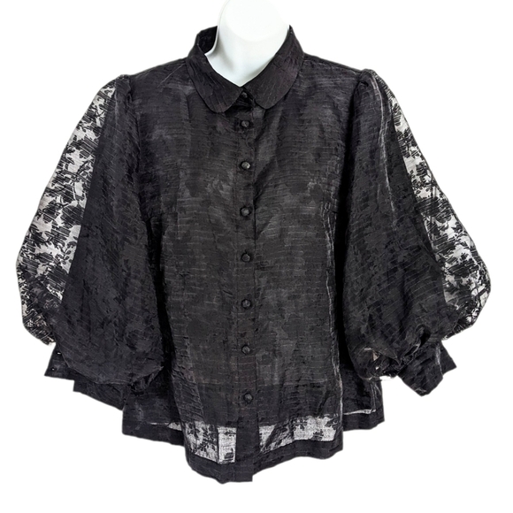 Tops - CHAMBRE de S Black blouse with baloon puff sheer sleeves size Medium @y